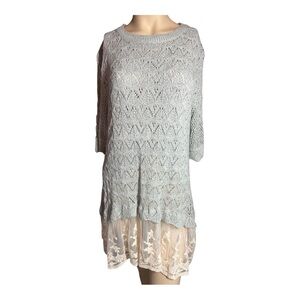Simply Couture Gray/Cream Short Sleeve Sweater with‎ Lace Accent, (307)